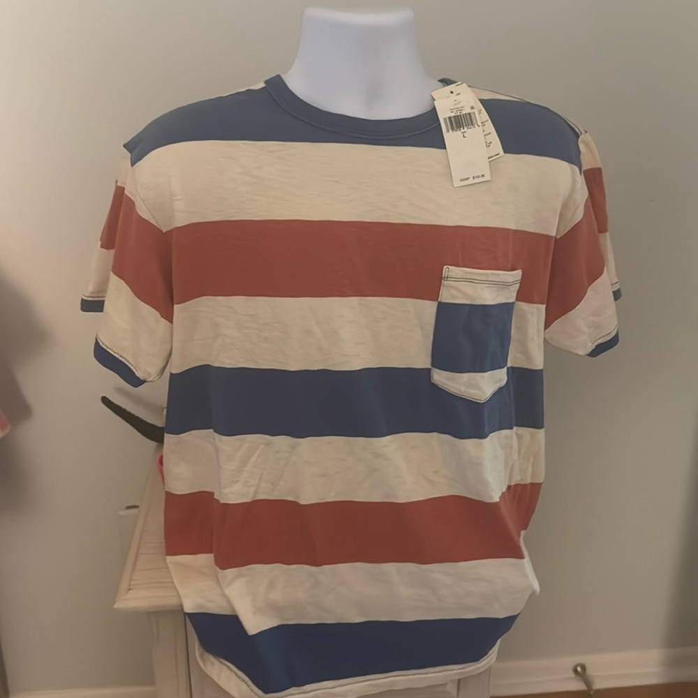 Ralph Lauren Double RL Short Sleeve Striped Pocket Tee in Blue, Rust & Cream